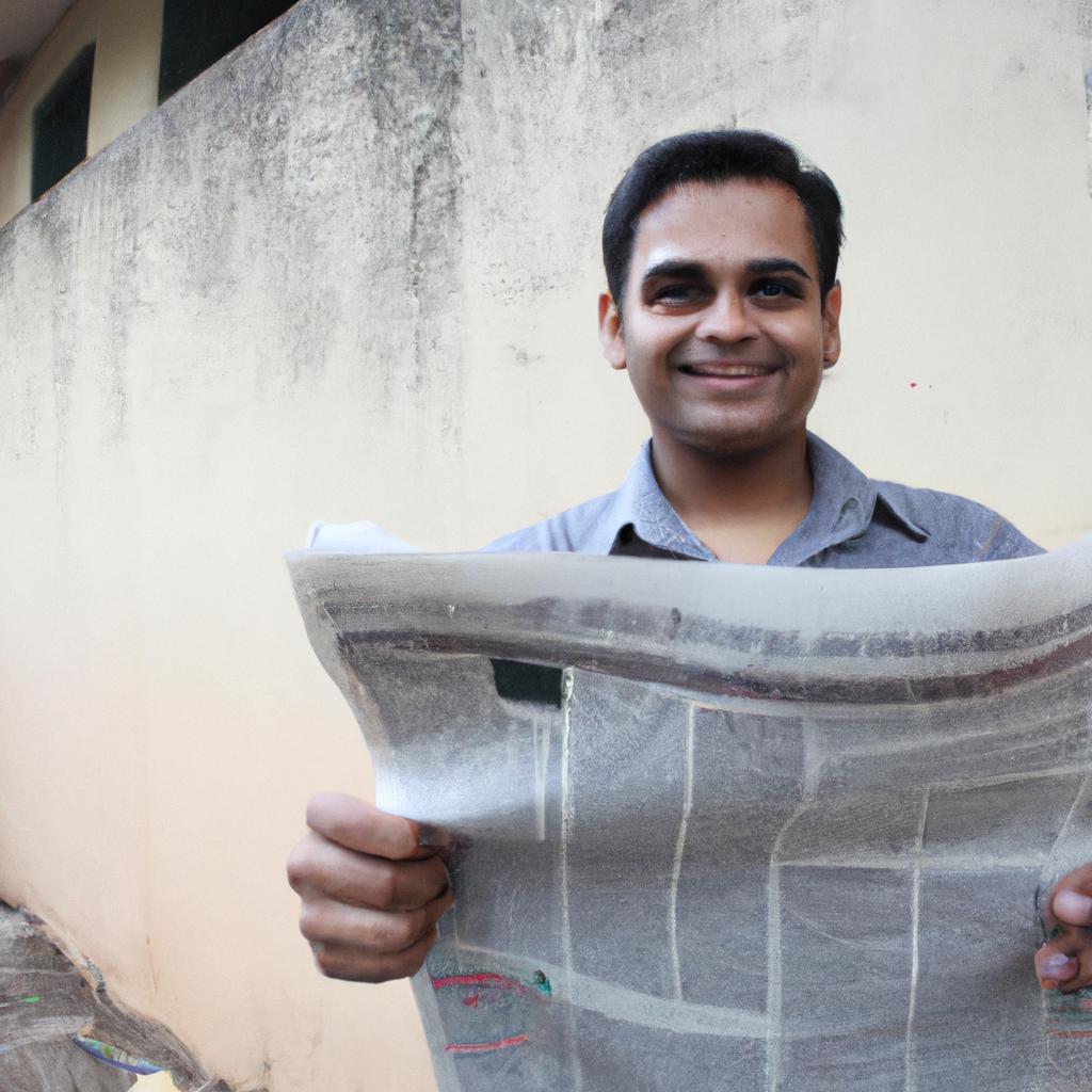 Person holding a newspaper, smiling
