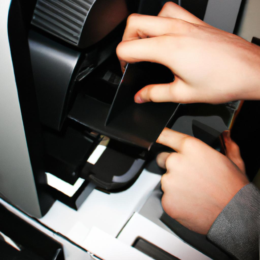 Person holding printing equipment, working